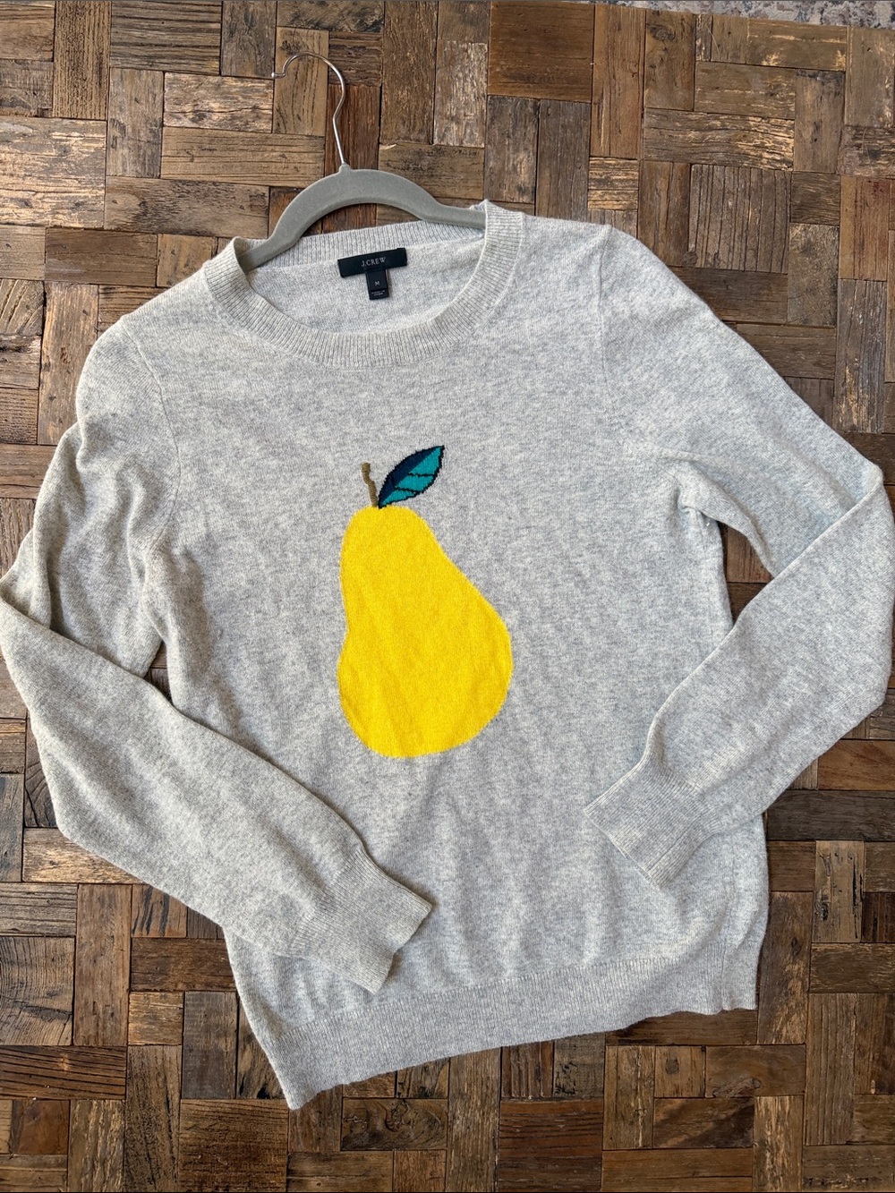 J. Crew Gray Crewneck Wool-Blend Sweater with Yellow Pear Graphic Size Medium